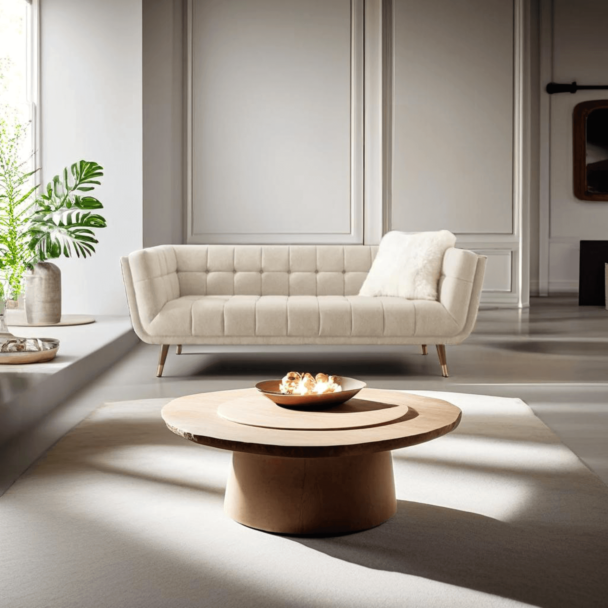 A contemporary living room featuring a light beige tufted sofa with a white furry pillow, a round wooden coffee table with a decorative bowl, and a potted plant by a sunlit window.