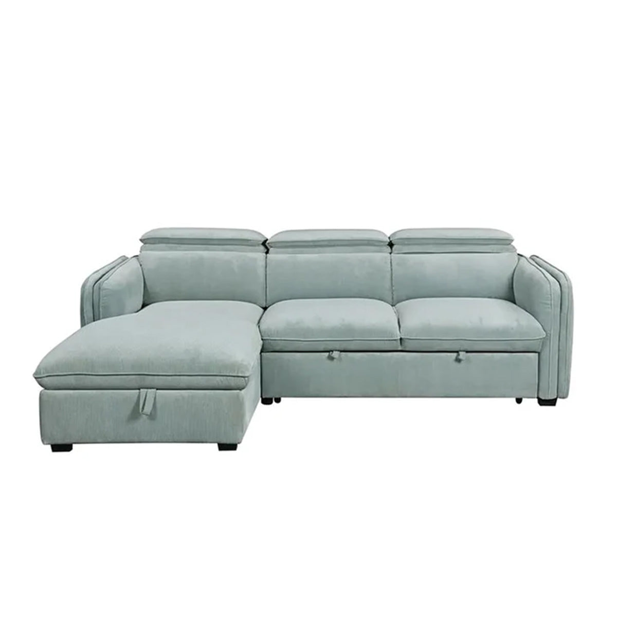 A front view of a modern light-blue fabric L-shaped sectional sofa with a left-facing chaise. The sofa features three adjustable headrests in a folded-down position and fabric pull-tabs at the base indicating a pull-out sleeper mechanism.
