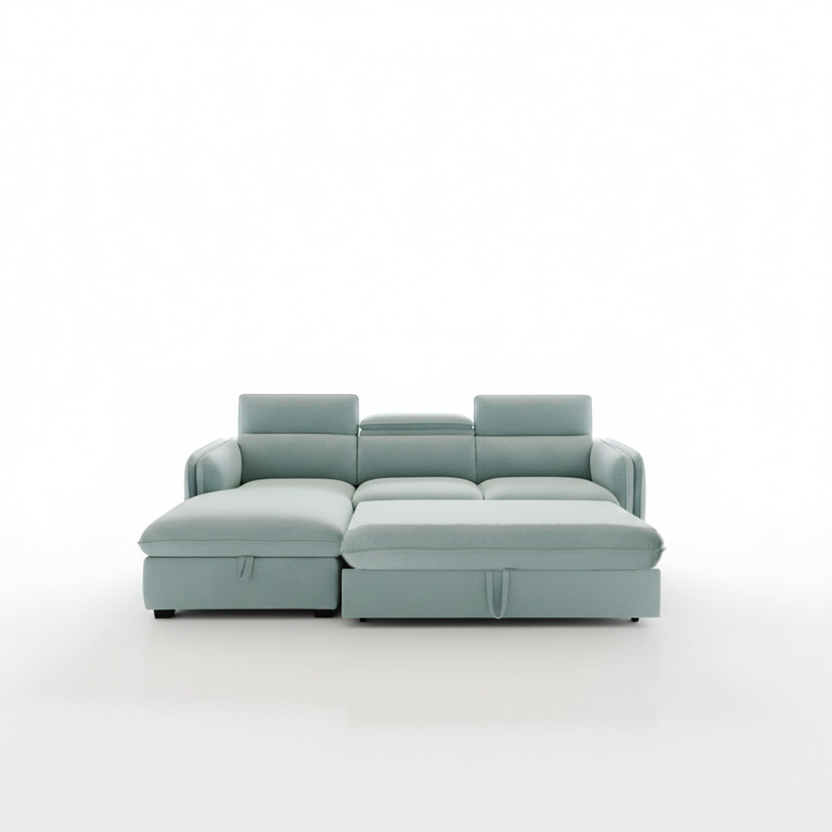 A front view of the light-blue sectional sofa converted into a bed. The sleeper section is fully extended to be flush with the chaise, and two of the three headrests are flipped up into a vertical position.