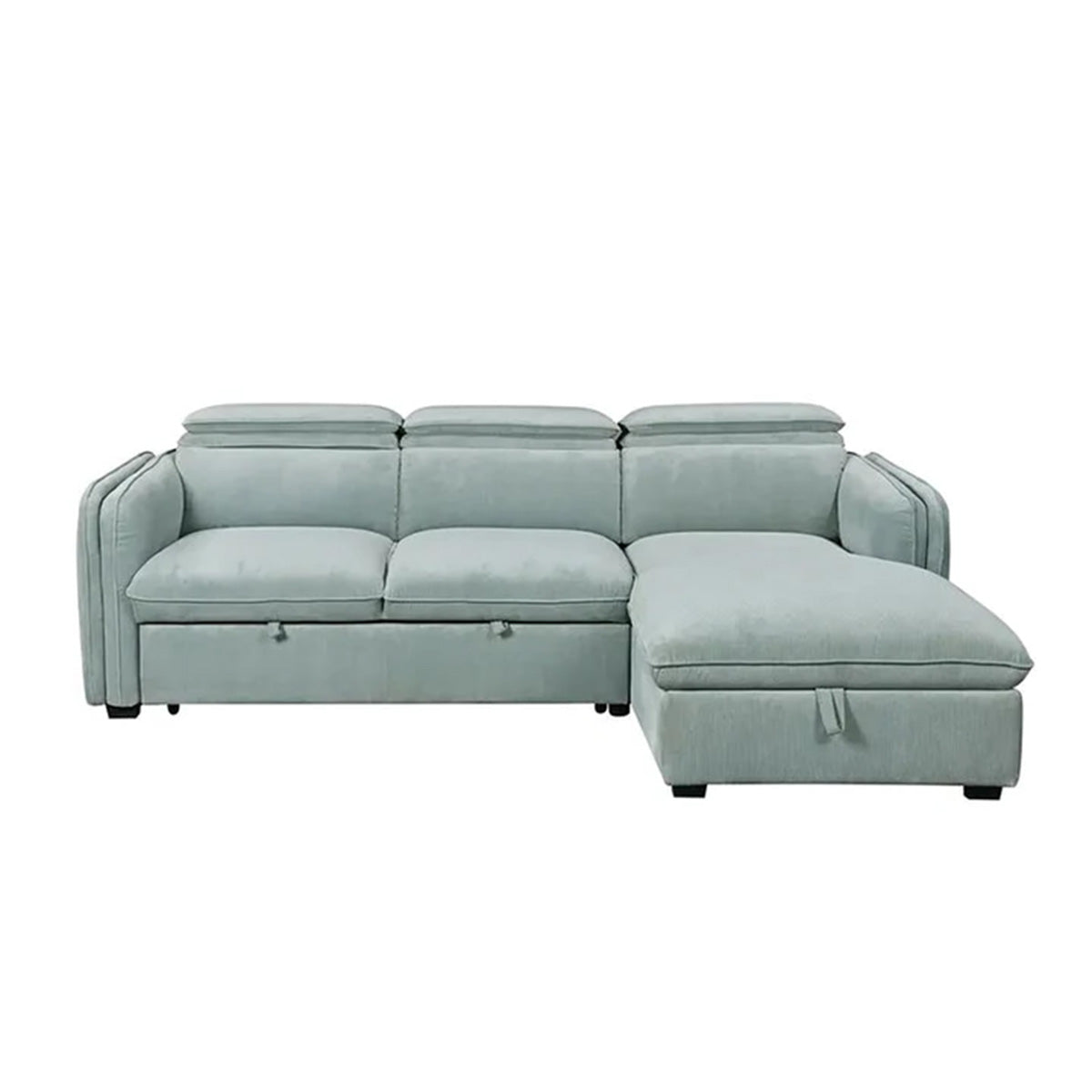 A front view of the light-blue fabric L-shaped sectional sofa with a right-facing chaise. The design includes three folded headrests, padded armrests with vertical stitching details, and fabric tabs for the pull-out bed mechanism.