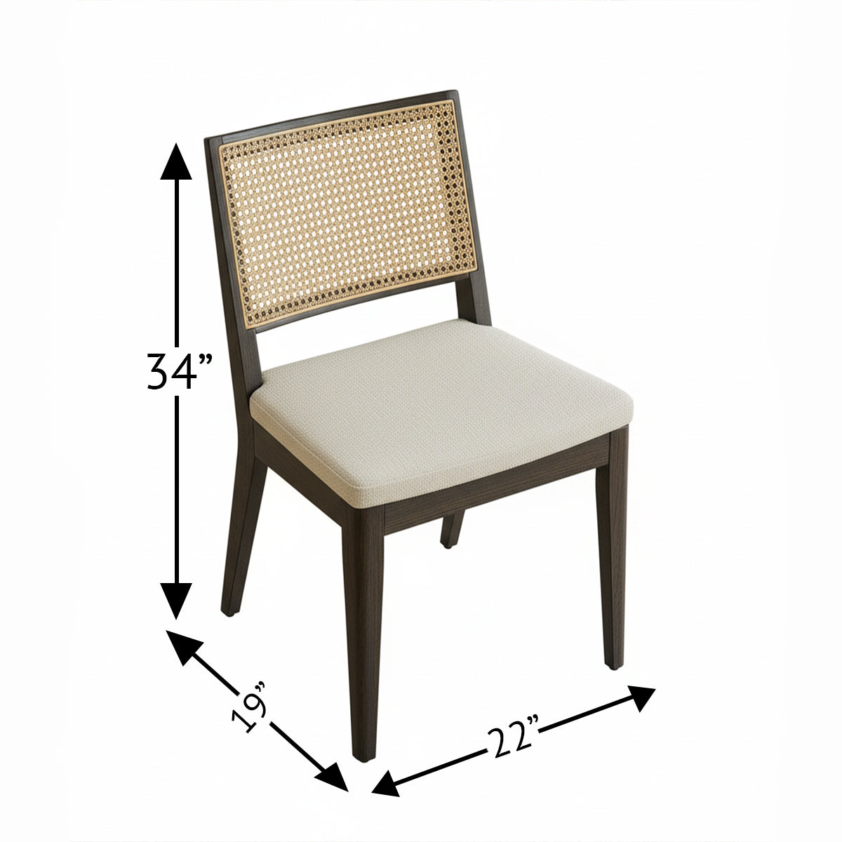 Lumea cane dining chair dimensions showing 34-inch height, 22-inch width, and 19-inch depth