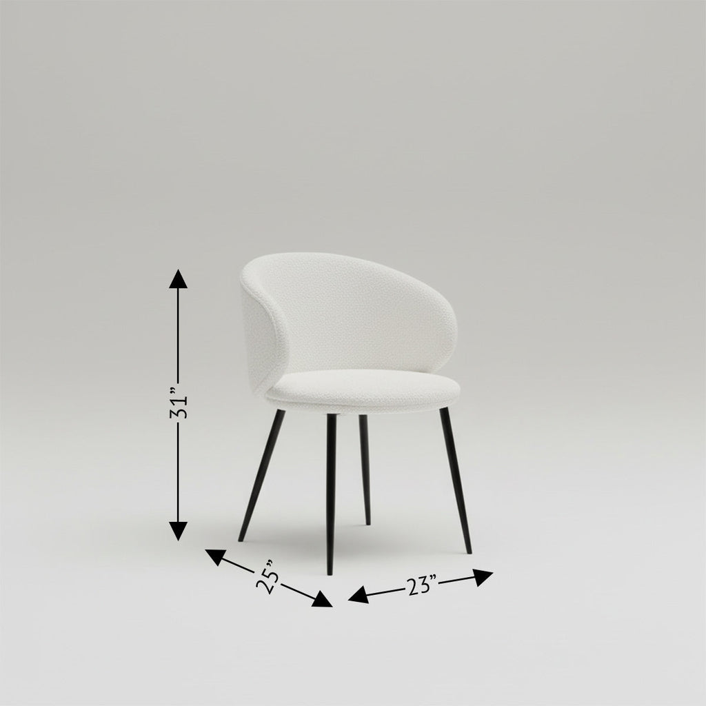 White boucle upholstered dining chair with black legs and dimensions (31"H x 23"W x 25"D).