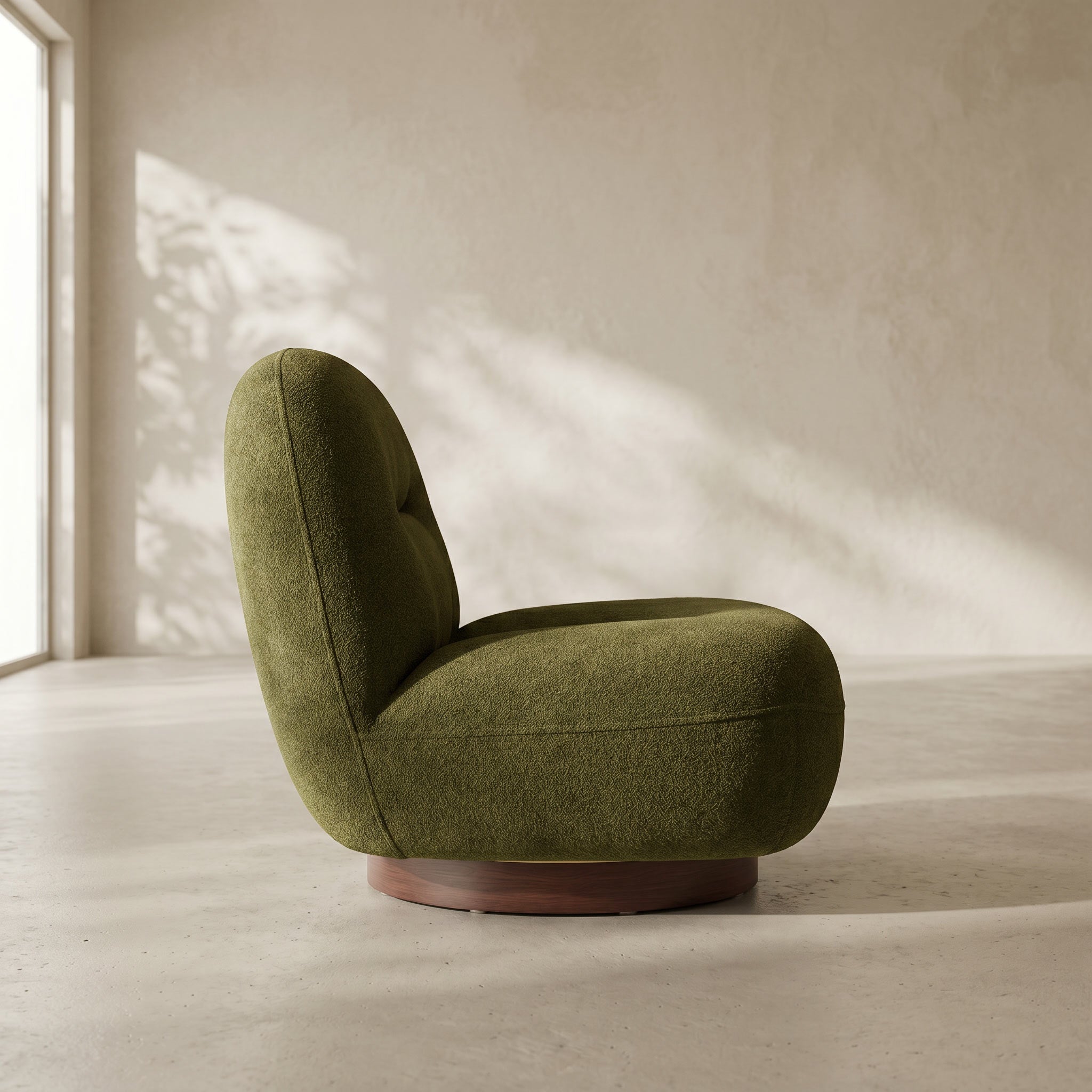 An olive green upholstered accent chair with a rounded, cloud-like silhouette and a dark wood swivel base, set in a minimalist room with warm natural light casting leaf shadows on a textured beige wall.