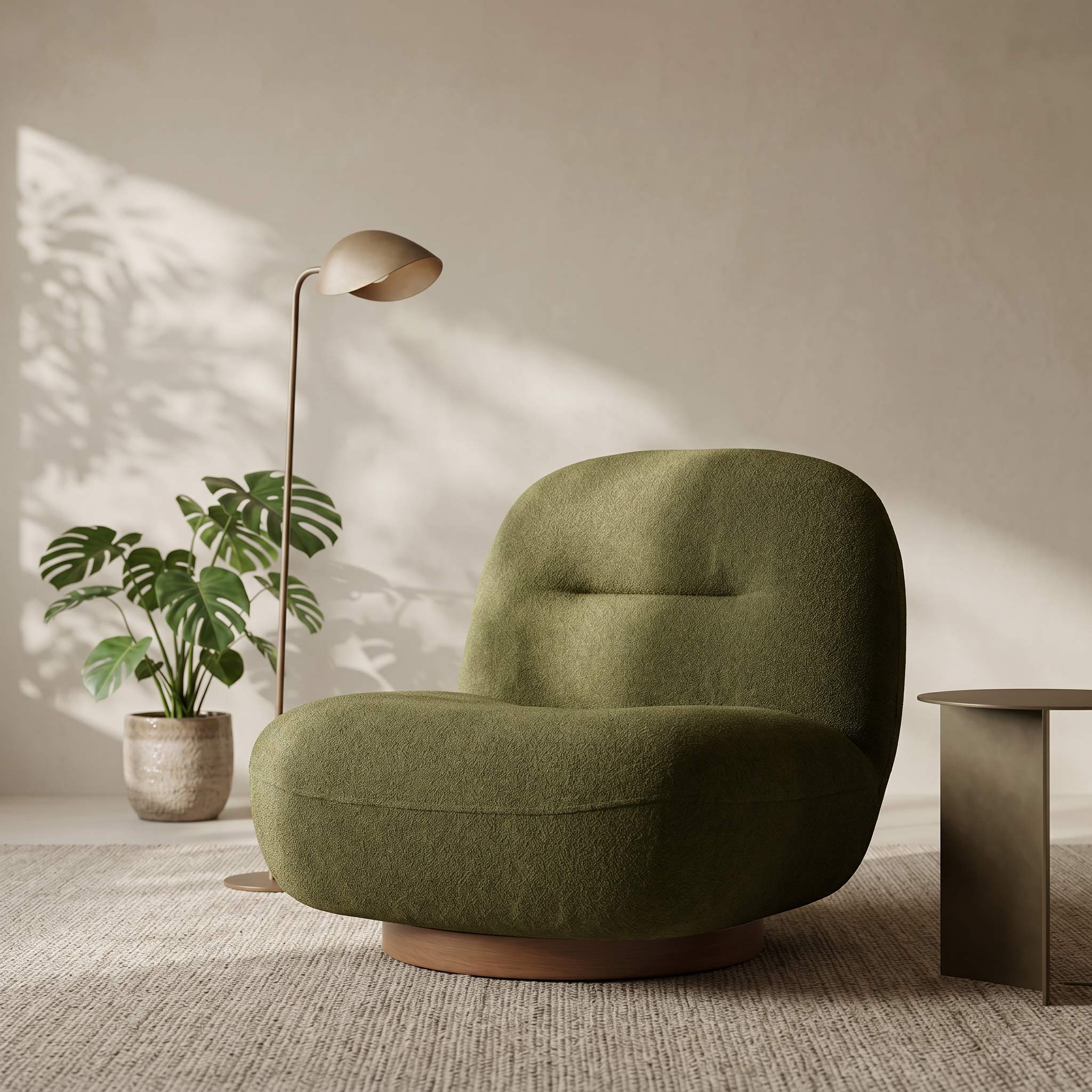 An olive green upholstered accent chair with a rounded silhouette and tufted backrest, shown in a styled interior setting with a floor lamp, potted plant, textured rug, and side table.