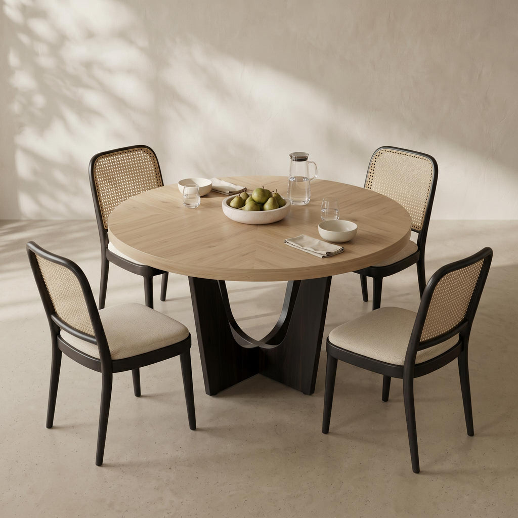 A round light wood dining table with a sculptural black pedestal base, surrounded by four black chairs with woven cane backs and cream upholstered seats, set in a sunlit room with leaf shadows on a textured beige wall.