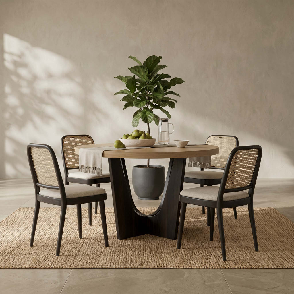 A 5-piece dining set featuring a round light oak table with a sculptural dark metal base and four matching chairs with woven cane backs and cream cushions, styled on a jute rug against a textured beige wall.