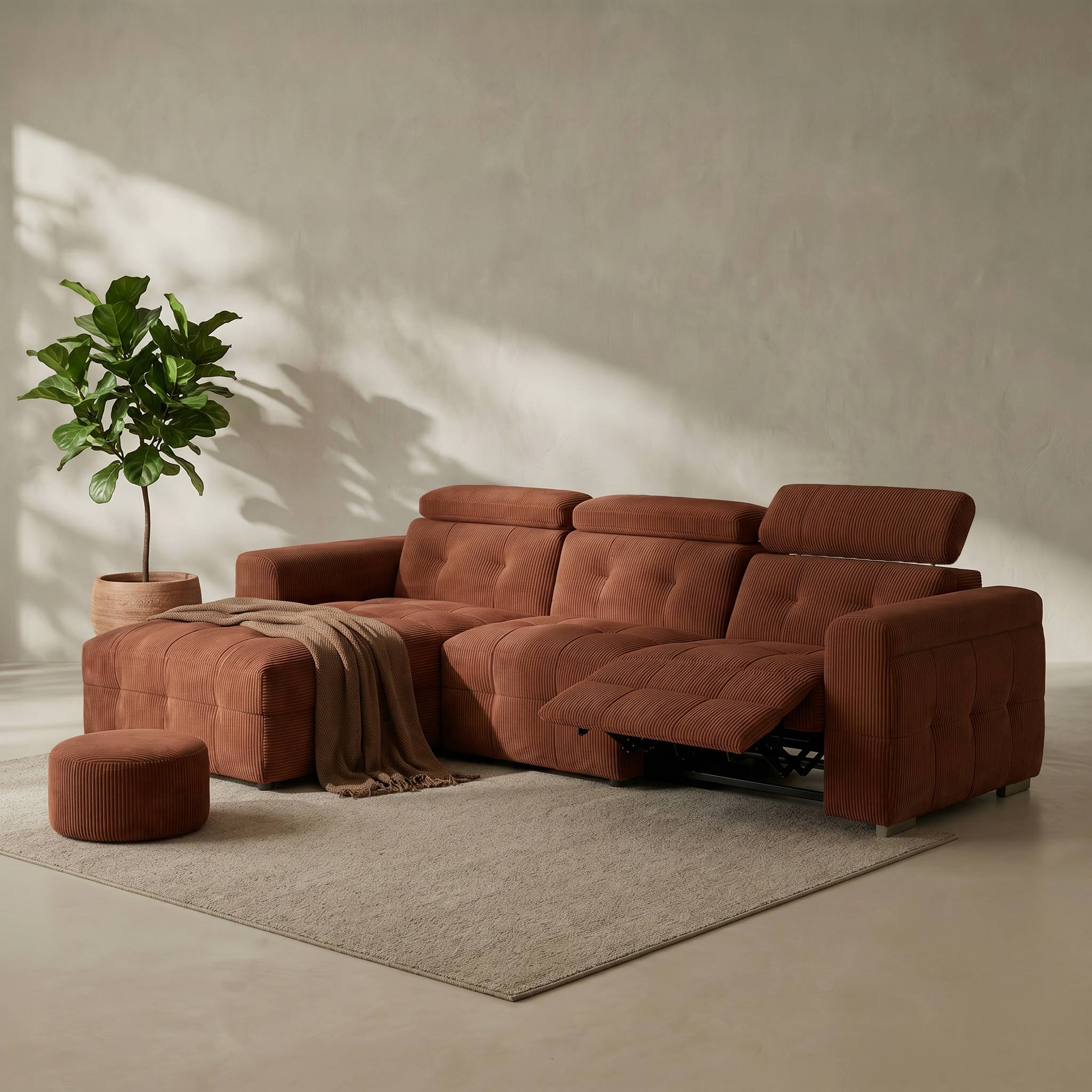 Brown sectional sofa with a matching ottoman in a minimalistic room.
