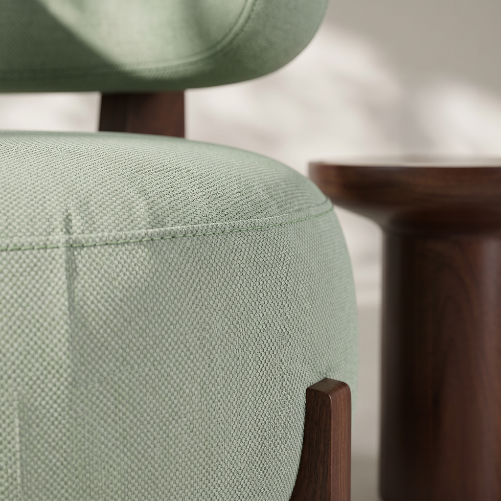 Close-up of a light sage green upholstered chair with dark wood legs, next to a matching dark wood side table in a softly lit room.