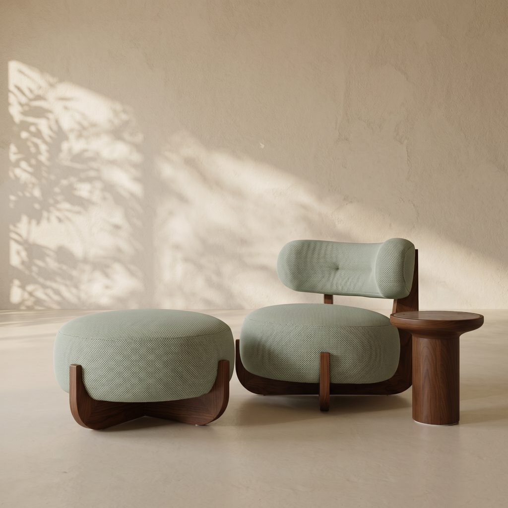 A modern lounge chair with a matching ottoman and a small side table, upholstered in a textured pale sage green fabric with dark wood bases, set against a warm beige wall with soft leaf shadows.