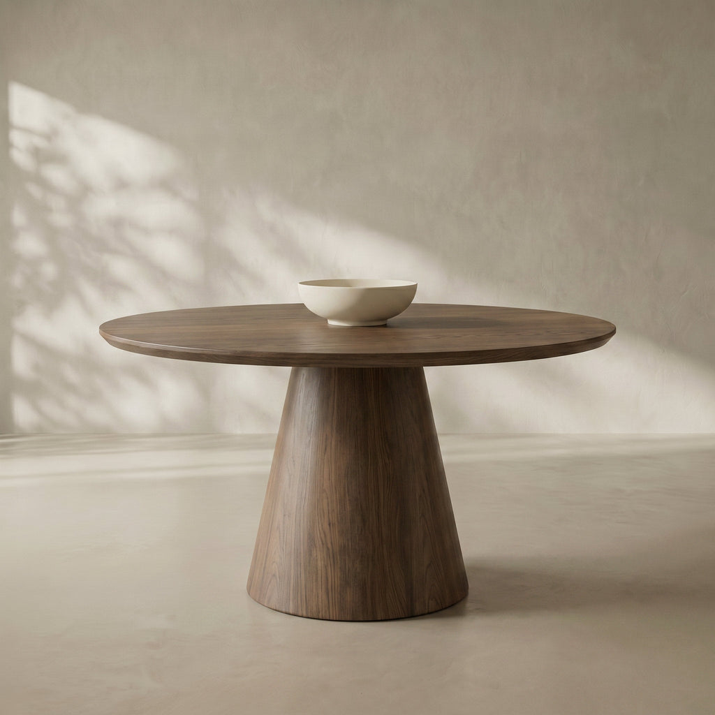 A round wooden dining table with a tapered pedestal base, shown in a minimalist room with soft sunlight and leaf shadows cast across a textured beige wall and floor. A small white ceramic bowl sits on the tabletop.