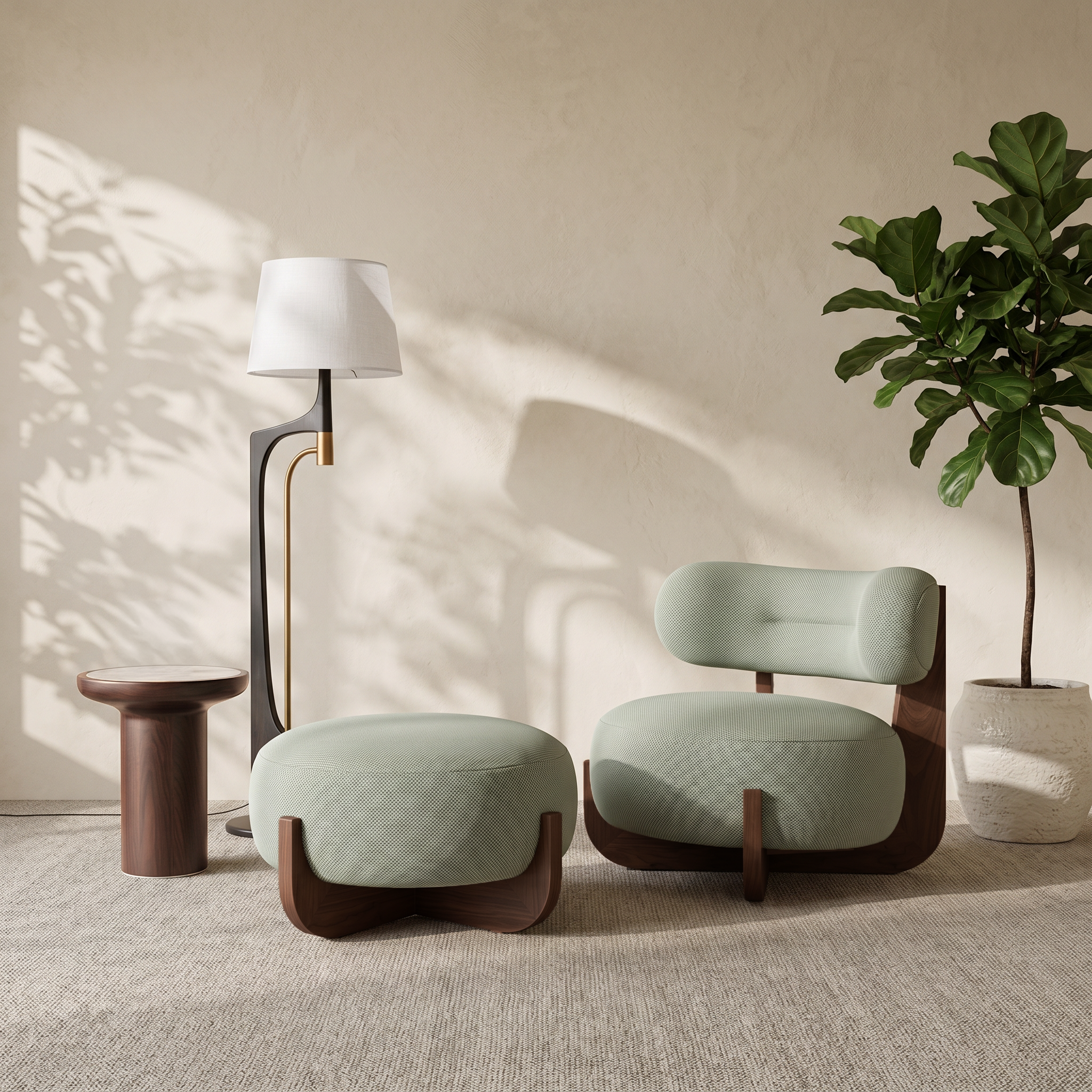A modern lounge chair and matching ottoman in pale sage green textured fabric with dark wood bases, styled in a warm, sunlit room alongside a floor lamp, side table, and potted plant.