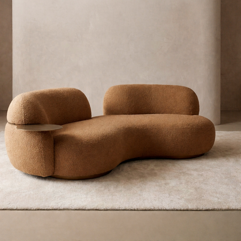 Savanna | Caramel Bouclé Curved Sofa with Side Table