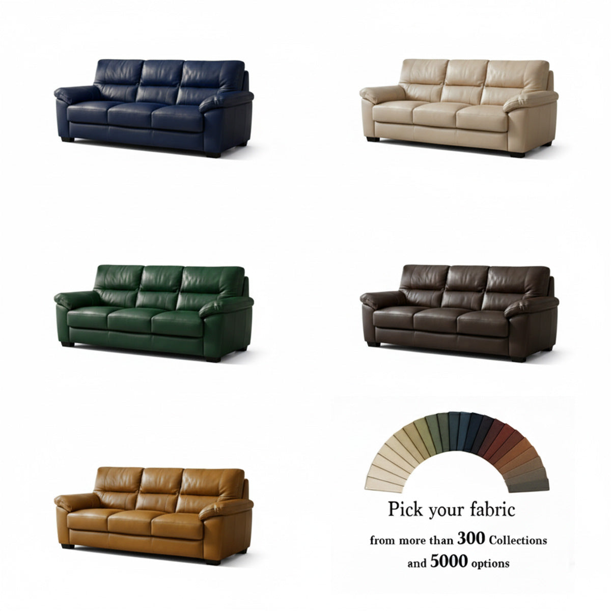 A collage displaying five different colors of the EMERY sofa style: navy blue, beige, forest green, dark brown, and a lighter caramel brown. Below them is a small color swatch fan, with text reading, "Pick your fabric from more than 300 Collections and 5000 options."