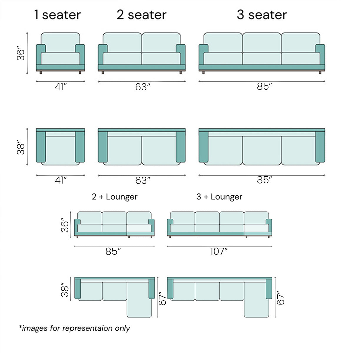 A product diagram showing the dimensions in inches for the EMERY furniture line, including the 1-seater (41" wide), 2-seater (63" wide), 3-seater (85" wide), 2 + Lounger (85" wide, 67" deep), and 3 + Lounger (107" wide, 67" deep).