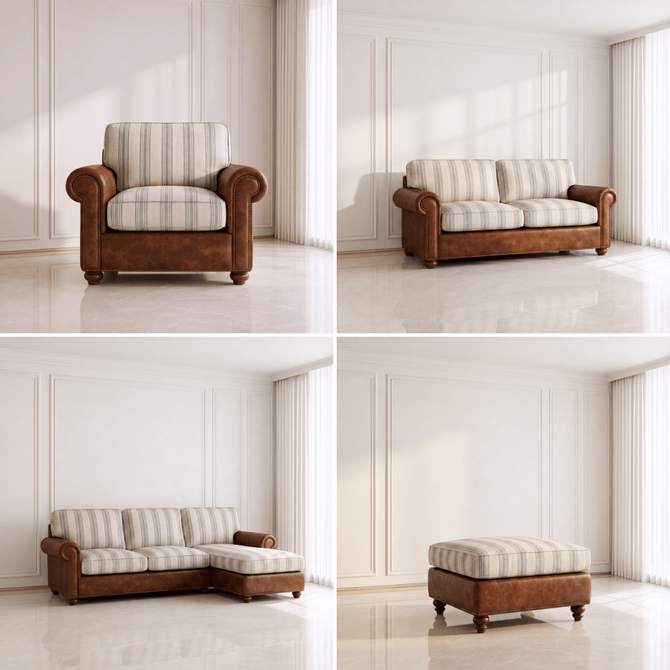 Four-panel collage showing a brown leather loveseat sofa with cream and beige striped upholstery in a bright, classic room. The panels show the sofa alone in different configurations: as a single armchair, as a two-seater loveseat, as an L-shaped loveseat, and as an ottoman.