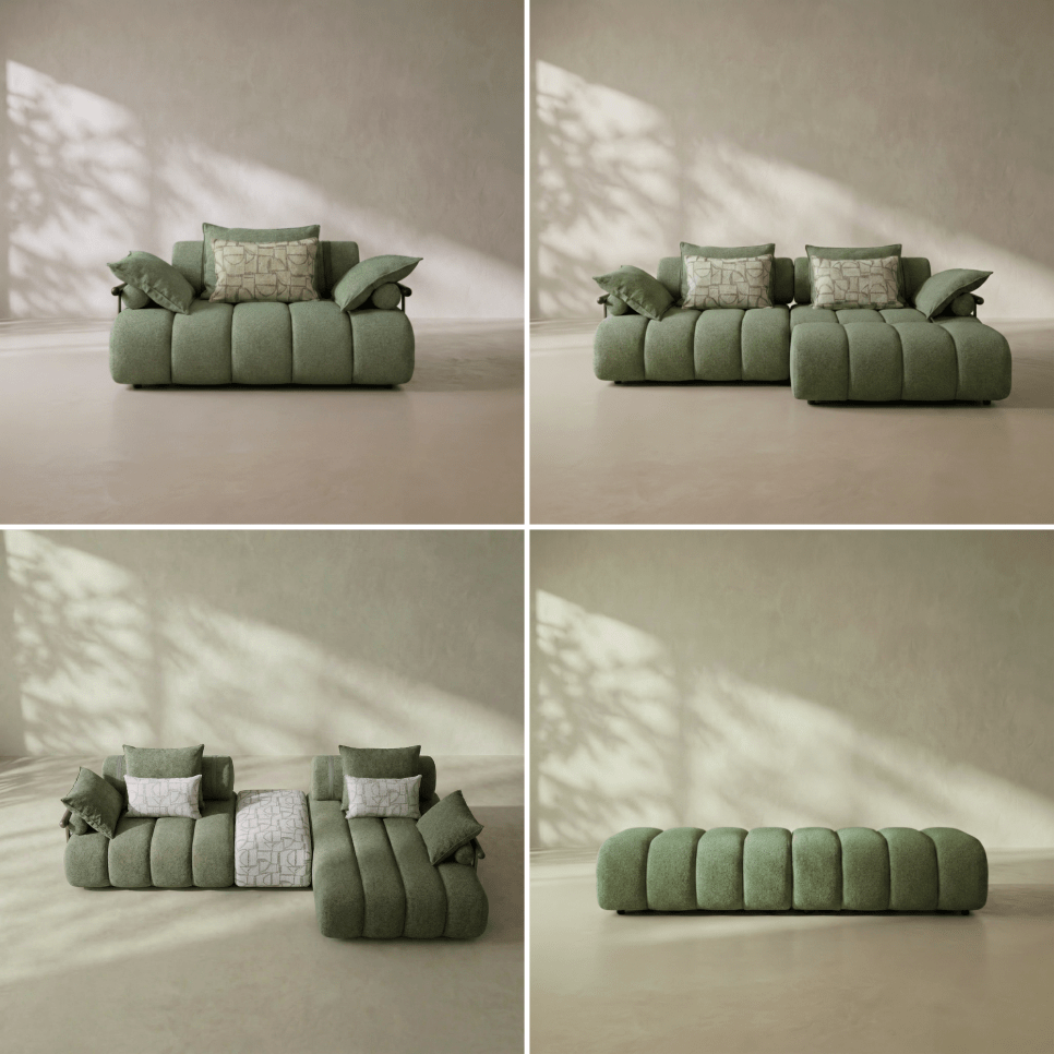 A four-panel product collage showing a modular upholstered sofa in a soft sage green fabric, with different views including full sectional, sectional with pillows, sectional with a throw, and a close-up of the seat cushion. The sofa is styled in a minimalist room with textured beige walls and floor, featuring soft window shadow patterns.