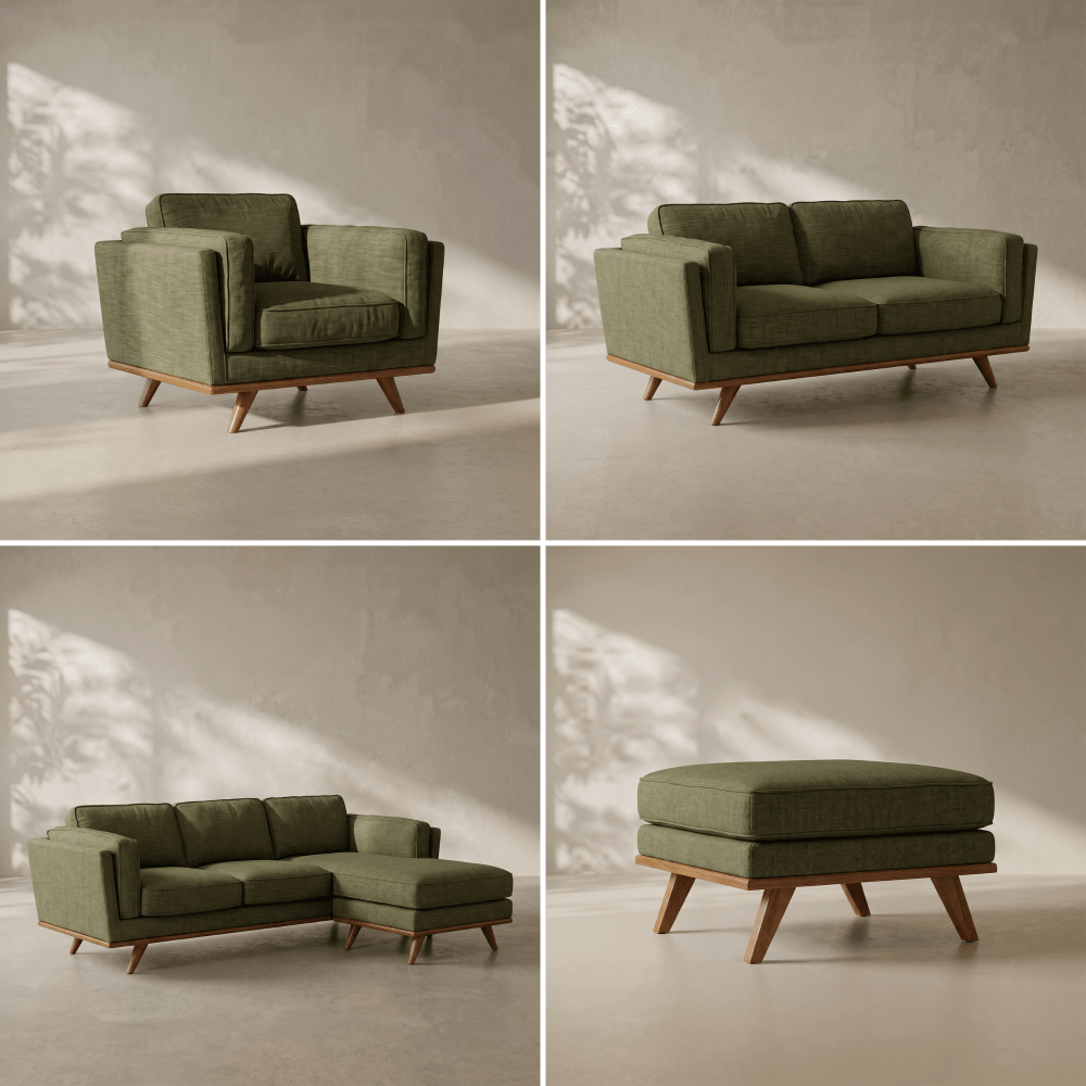 Four-panel product display showing an olive green upholstered furniture set in different configurations: a single armchair, a loveseat, a sectional chaise, and a matching ottoman, all with medium wood legs on a neutral studio background.