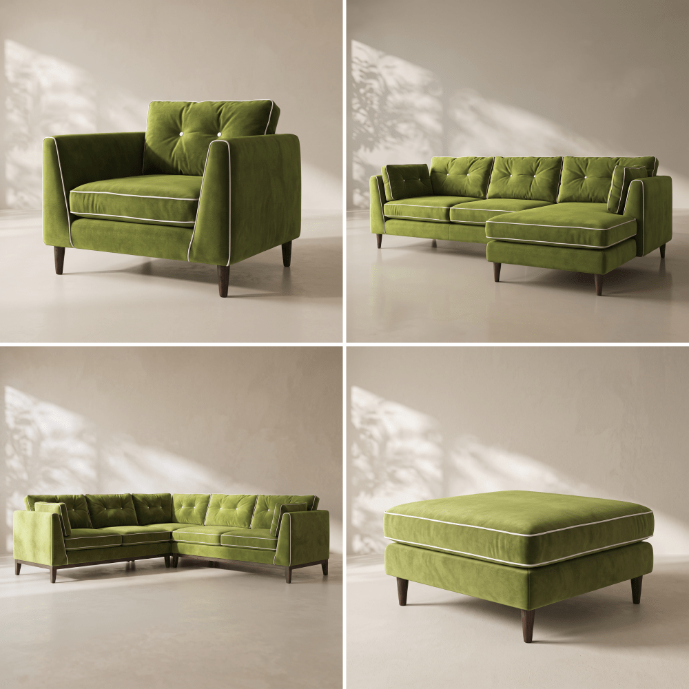 A four-panel product collage showing a coordinated living room furniture set in olive green velvet: an armchair, a sectional sofa, a matching ottoman, and a matching chaise lounge, each photographed in a minimalist studio setting with warm neutral walls and soft shadow patterns.