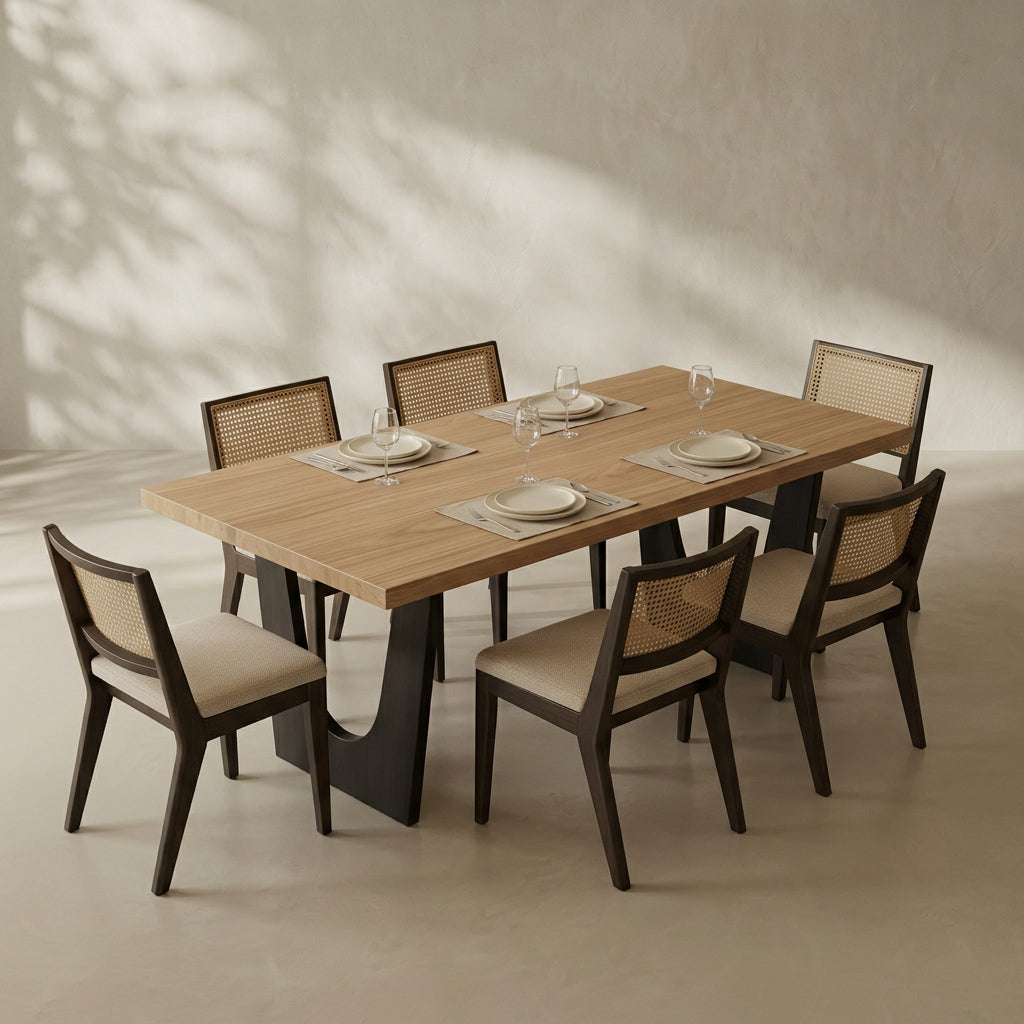 A rectangular wooden dining table with six matching chairs, styled with plates and wine glasses on a warm beige floor against a textured wall with soft leaf shadows.