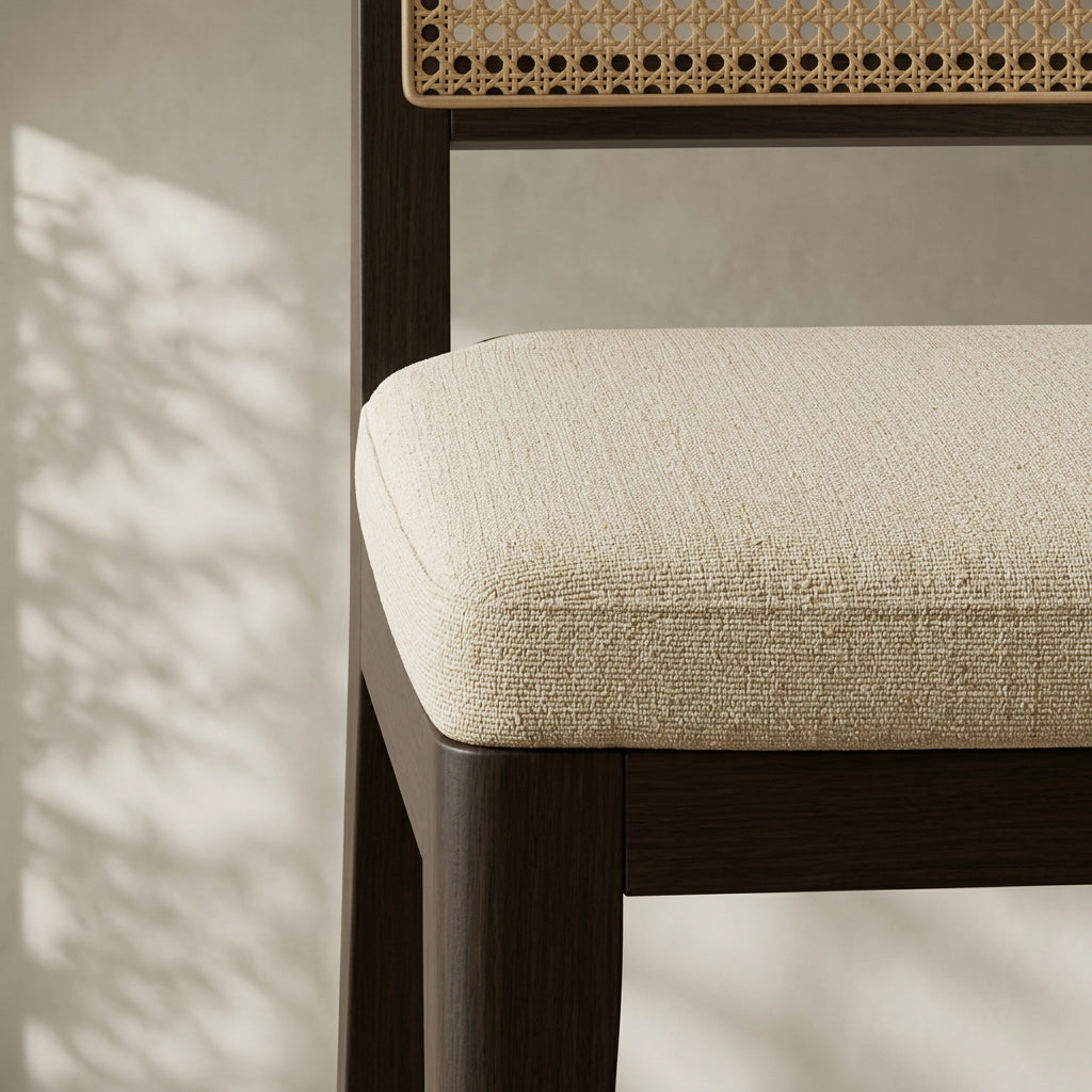 Close-up of a chair seat cushion upholstered in textured beige fabric, attached to a dark brown wooden frame with a woven cane backrest.