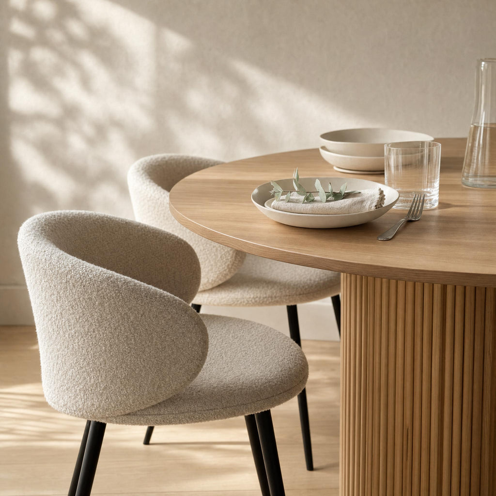 A modern dining setup with two upholstered chairs in a textured light beige bouclé fabric, paired with a round wooden table and neutral ceramic tableware in a softly lit room with natural shadow patterns on the wall.