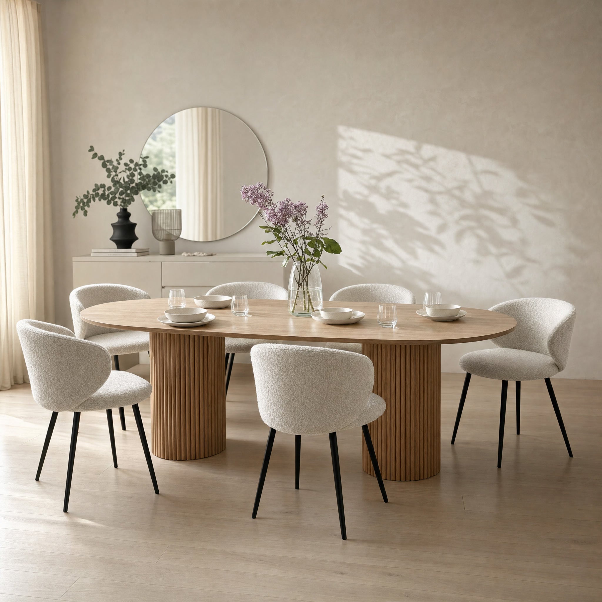 An oval wooden dining table with a fluted pedestal base, surrounded by six upholstered dining chairs with black legs, set in a bright, modern dining room with a round mirror and vase of flowers.