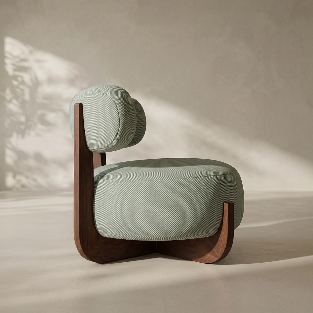 A modern accent chair with a light sage green textured fabric and a dark brown wooden frame, set against a warm beige wall with soft leaf shadows.