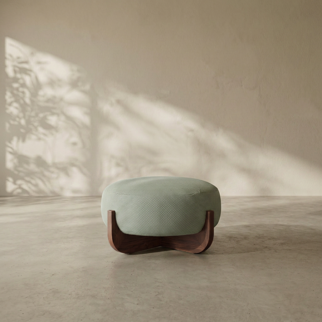 A modern round ottoman with a textured sage green fabric top and a sculptural dark brown wooden base, set in a minimalist room with warm sunlight and leaf shadows on a textured beige wall and concrete floor.