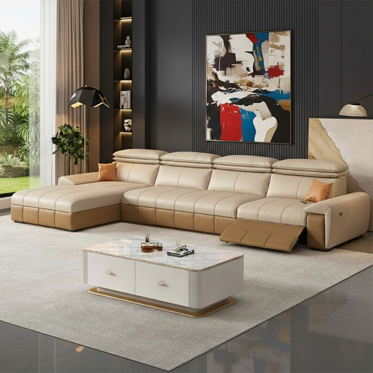 A large, straight modular sectional sofa in two tones of cream and brown, featuring an extended chaise lounge on the left and a reclining footrest deployed on the right, placed on a light rug in a modern room with dark walls, next to a marble and white coffee table.