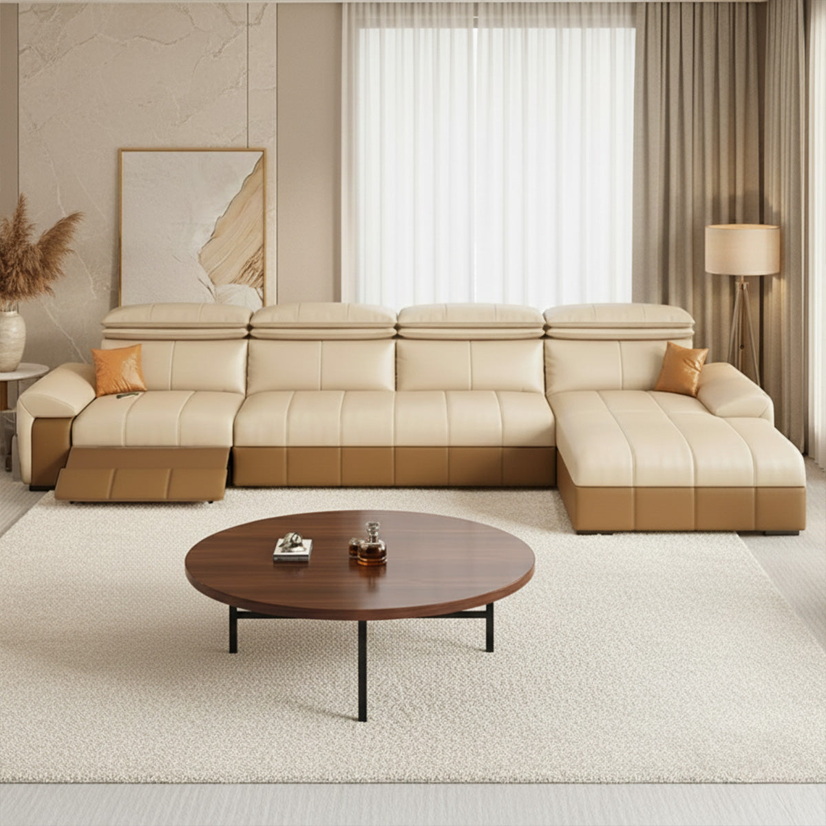 A large, two-toned cream and brown modular sectional sofa with multiple adjustable headrests and a reclining section, arranged in a U-shape around a dark wood circular coffee table on a light beige area rug in a modern living room.