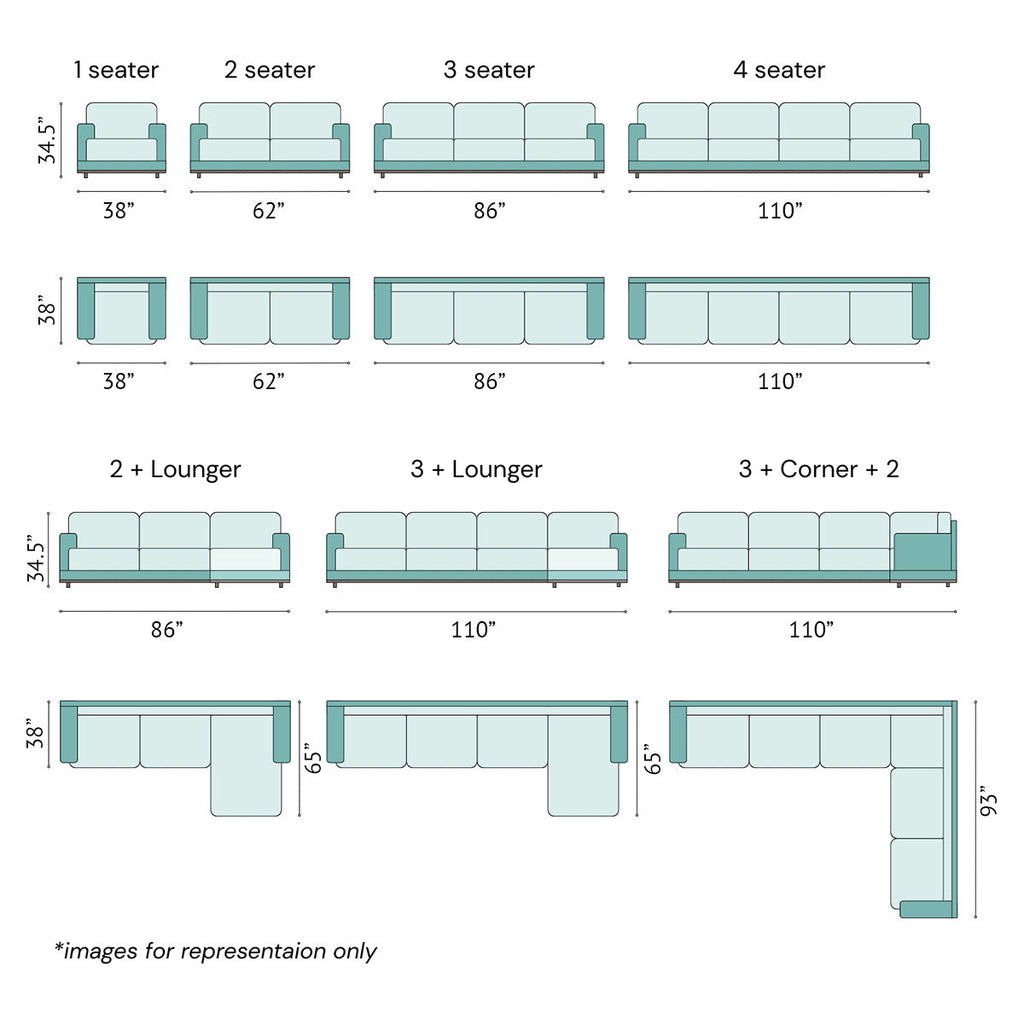 Sofa size chart showing different seating options including 1 seater, 2 seater, 3 seater, 4 seater, 2 seater with lounger, 3 seater with lounger, and 3 seater with corner and 2 seater configuration – sofa dimension guide for living room furniture.