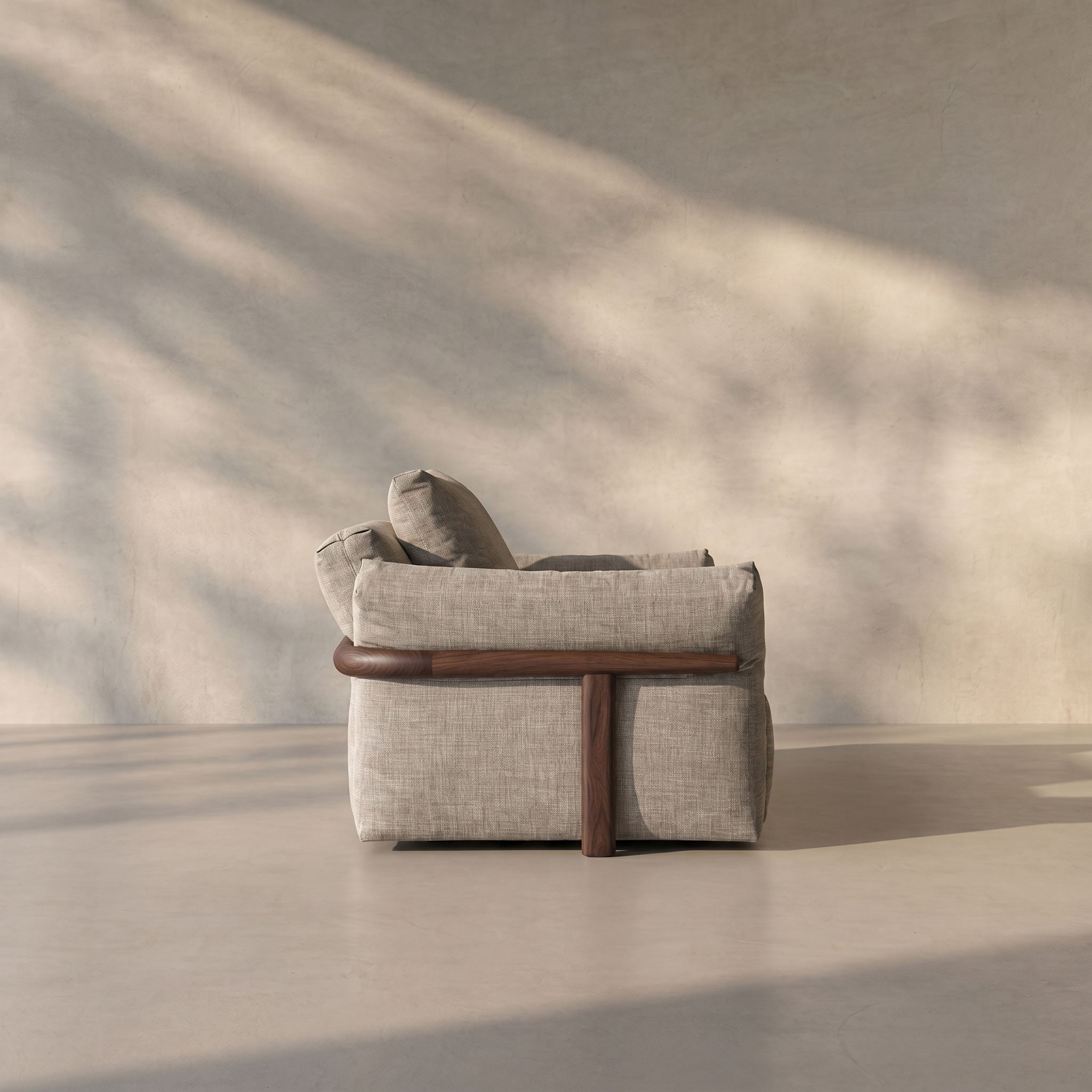 Sofa with wooden frame in a minimalistic room with soft lighting