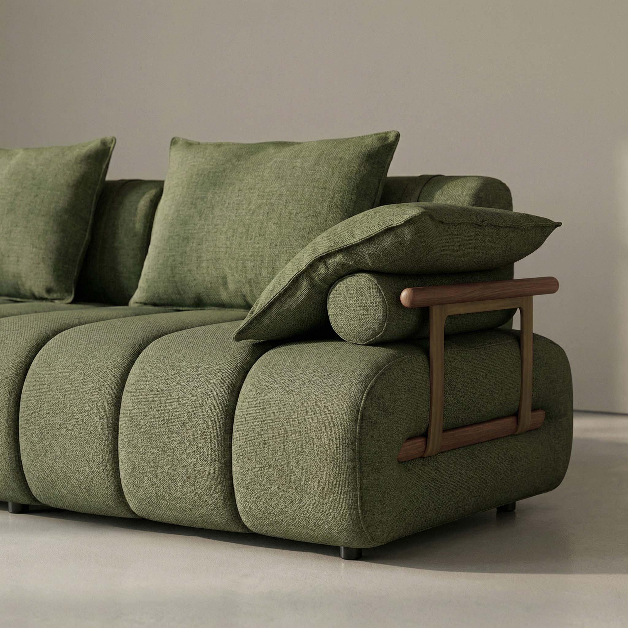 Green sofa with wooden armrest in a minimalistic room