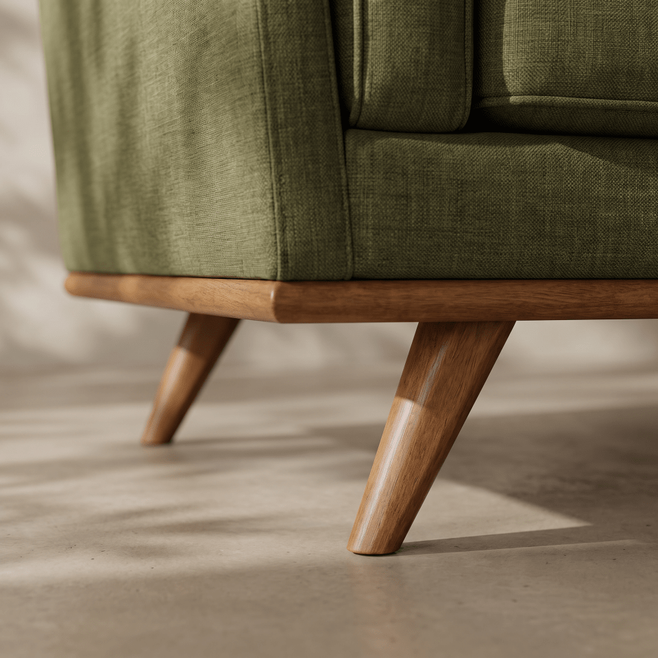 Close-up of an upholstered chair or sofa corner in textured olive green fabric with a medium brown wooden frame and tapered wooden legs, shown on a neutral concrete floor.