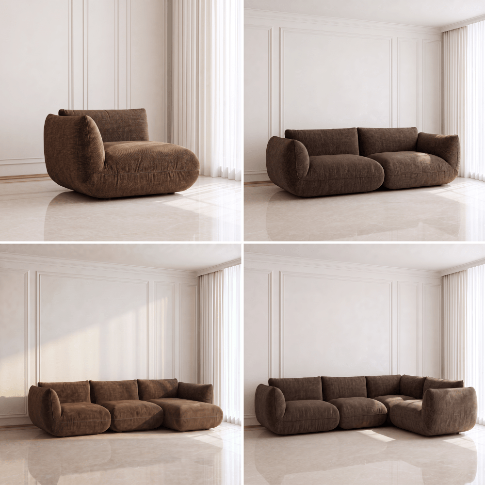 A four-panel collage showing a modular upholstered sofa in a bright, minimalist room. The sofa is shown in multiple configurations: as a single armchair, as a two-seater sofa, as a chaise lounge, and as a full sectional.
