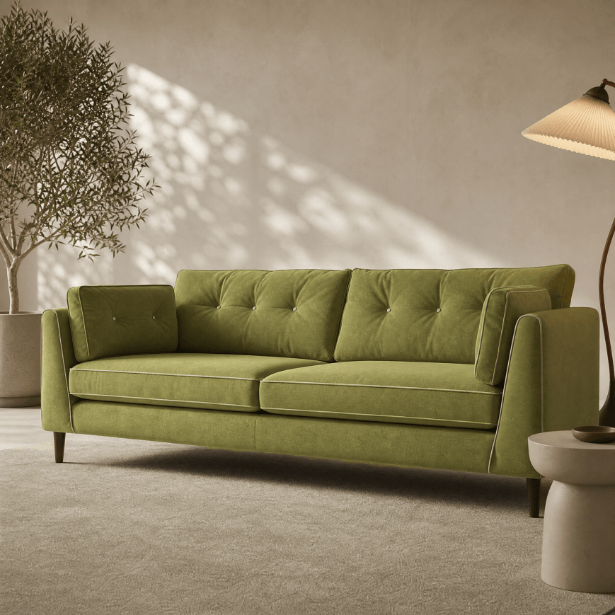 A green tufted loveseat sofa in a modern living room setting with a textured beige wall, a potted tree on the left, and a floor lamp on the right.