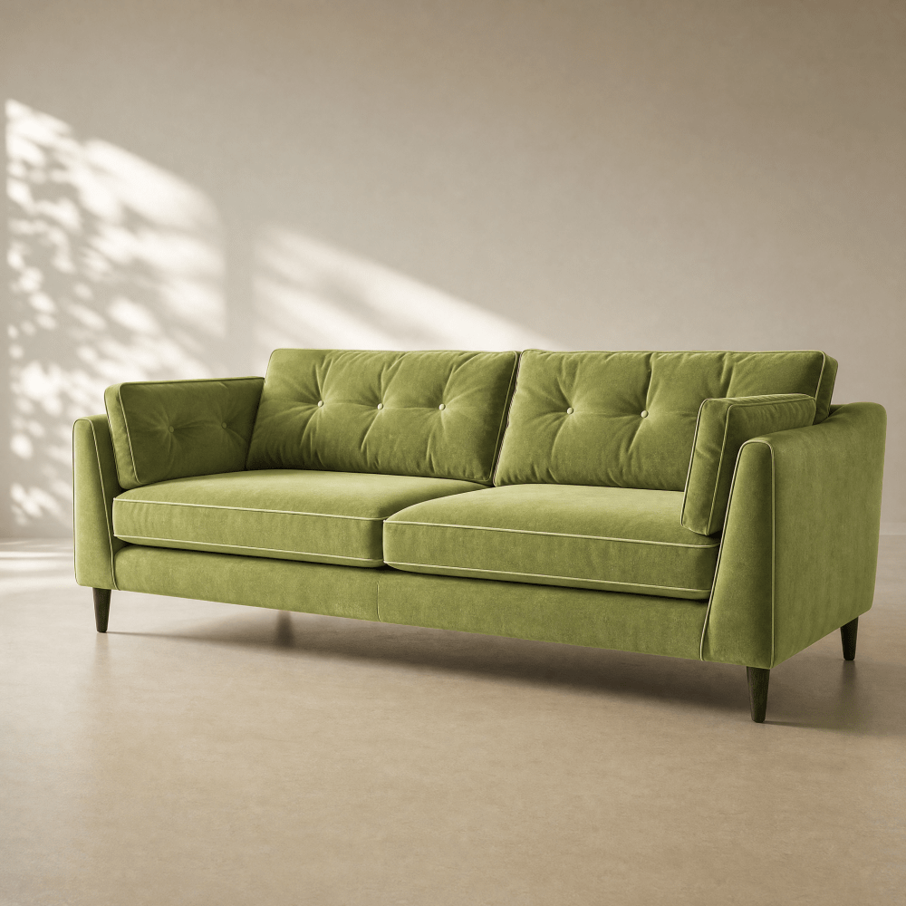 A three-seat sofa upholstered in textured olive green fabric, featuring tufted back cushions, angled armrests, and dark tapered legs, set against a neutral beige wall with soft leaf shadows.
