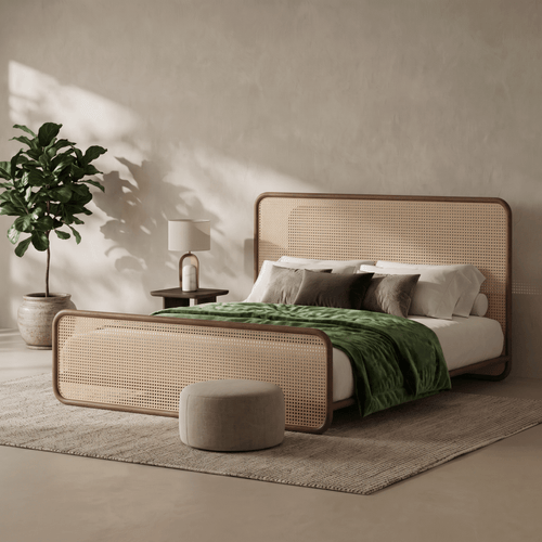 A modern bed with a woven cane headboard and footboard, styled in a minimalist bedroom with a green throw blanket, neutral pillows, a small side table with a lamp, a potted plant, and a round ottoman.