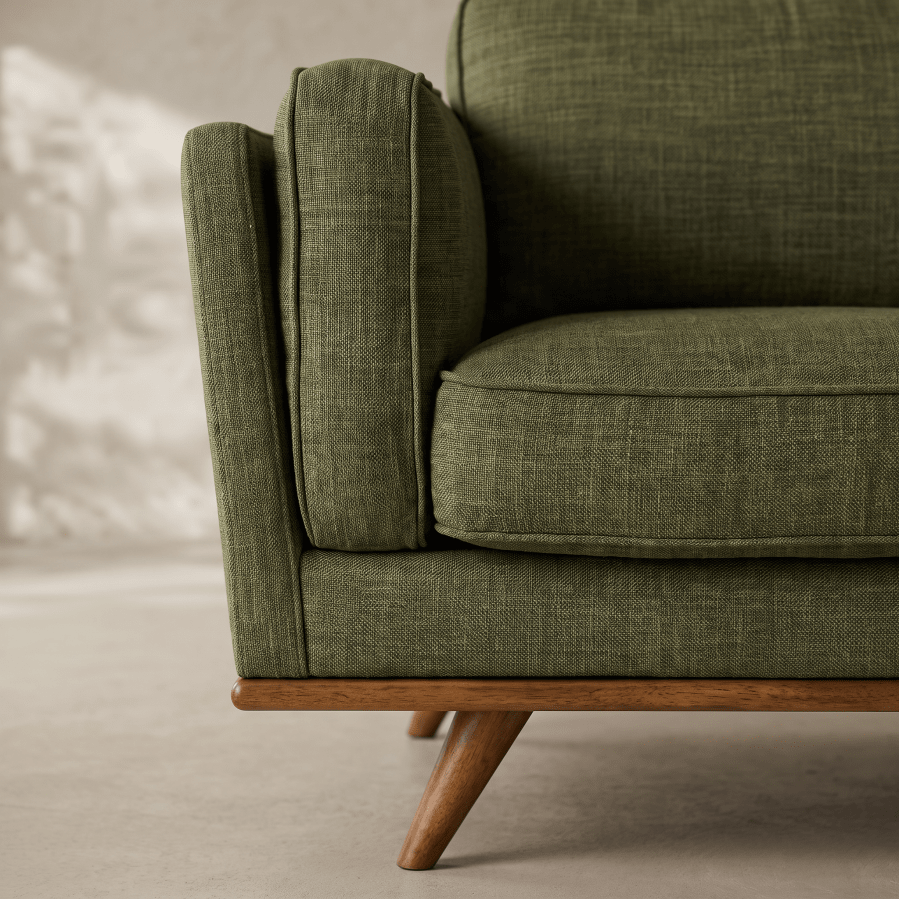 Close-up of a green upholstered sofa corner with a wooden frame and angled legs, shown in a softly lit interior setting.