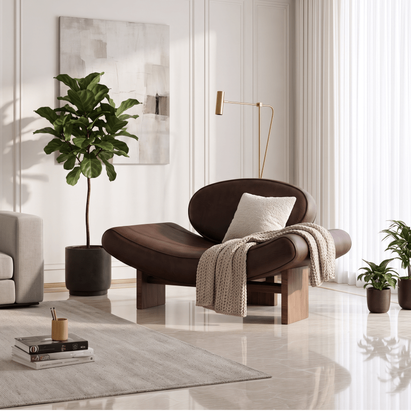 A modern brown leather lounge chair with a curved back and wooden legs, styled in a bright, contemporary living room with a beige sofa, potted plants, and a light gray rug.