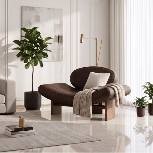 A modern brown leather lounge chair with a curved back and wooden legs, styled in a bright, contemporary living room with a beige sofa, potted plants, and a light gray rug.