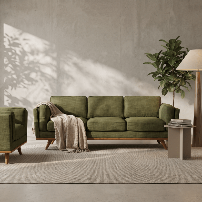 An olive green three-seater sofa with mid-century wooden legs, styled in a modern living room with a beige throw blanket, a matching armchair, a side table, and a potted plant against a textured concrete wall.
