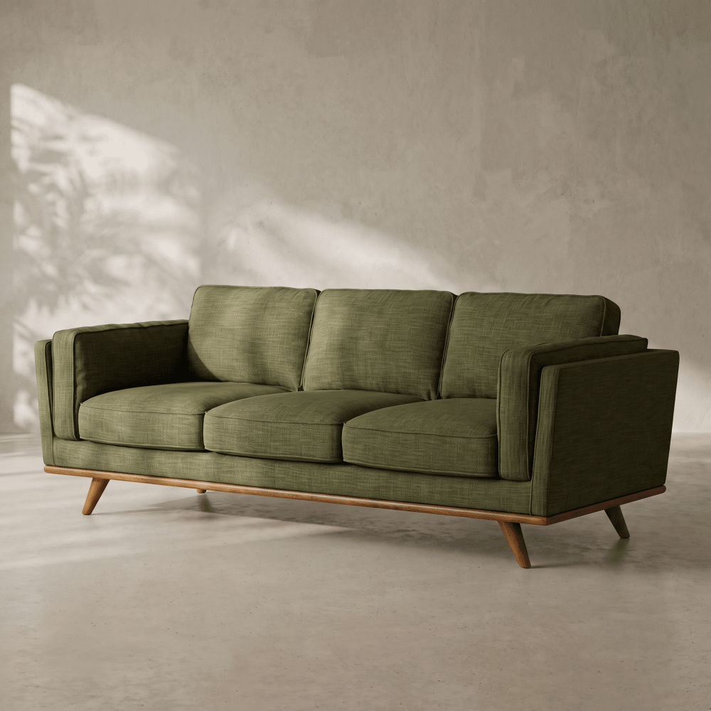 A mid-century modern three-seater sofa upholstered in textured olive green fabric, featuring a light wood frame and tapered wooden legs, set against a textured concrete wall with soft leaf shadows.
