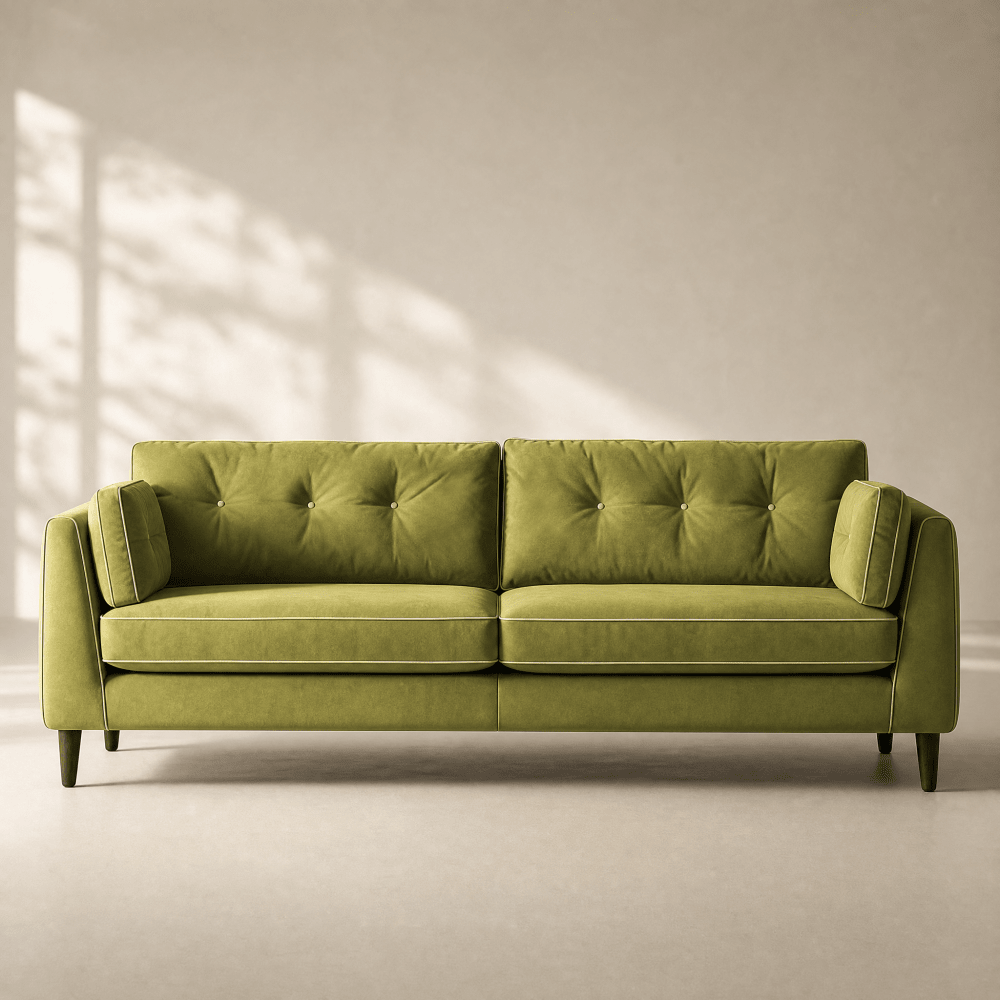 An olive green tufted velvet loveseat sofa with tapered dark legs, shown in a minimalist room setting with soft window shadow patterns on a light beige wall.